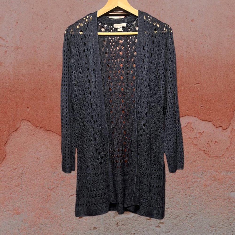 Charter Club Cardigan Women's Size XL Pointelle-Knit Open-Front Navy Sweater